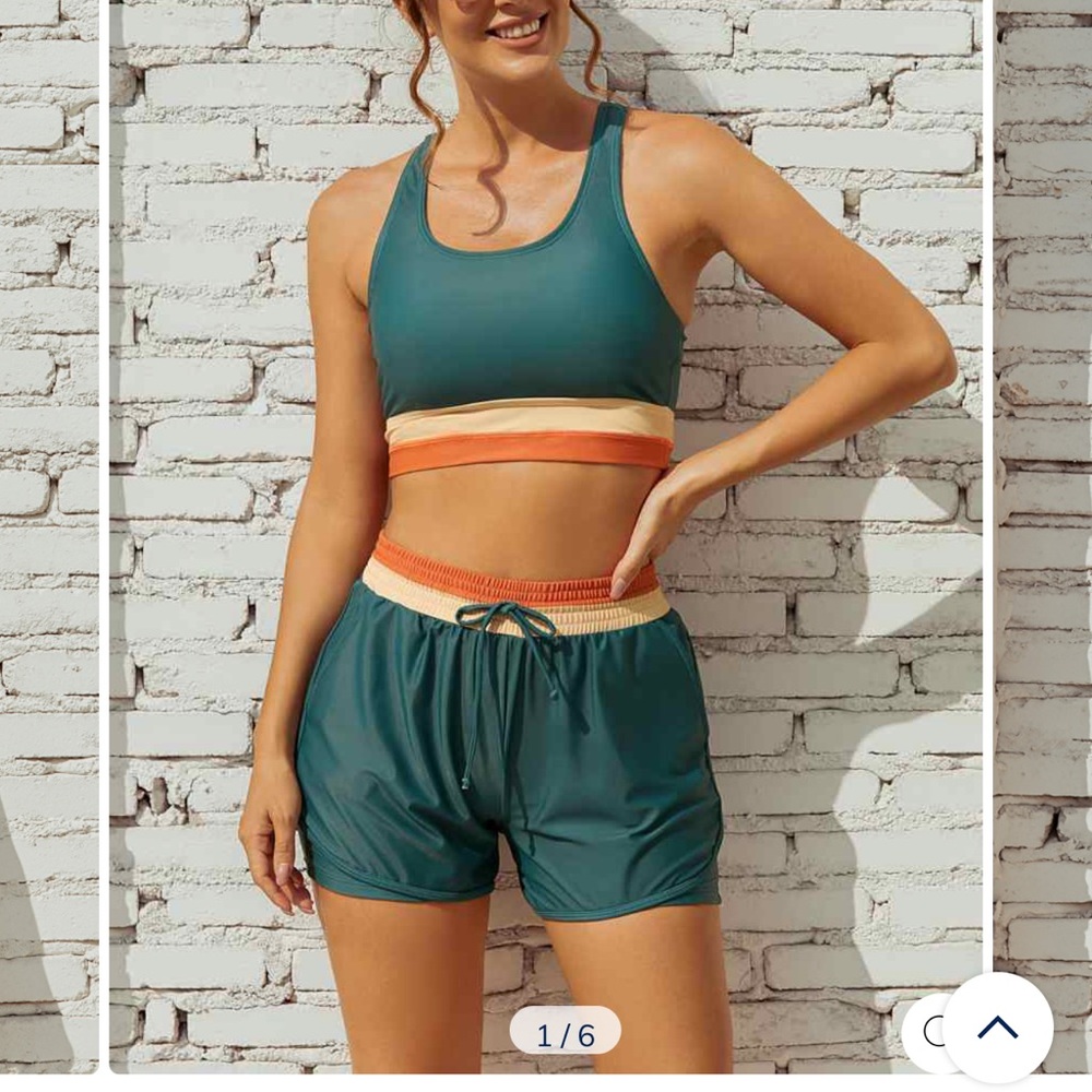 BRAND NEW Teal Colorblock Zipper Back Sporty Bikini Top With Boy Short Set
